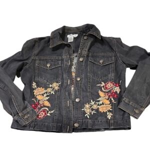 Coldwater Creek Floral Embroidered Jrs Xs Denim Jacket